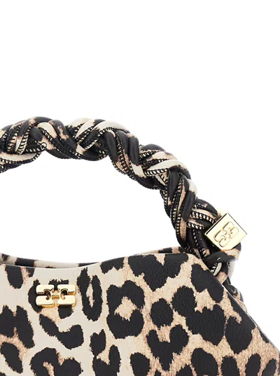 Ganni Bou Brown Mini Handbag With Braided Handle And All-over Leopard Motif In Fabric Woman In Animal Print