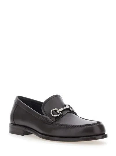 Ferragamo Brown Loafers With Metallic Gancini Detail On The Front In Leather Man