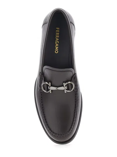 Ferragamo Brown Loafers With Metallic Gancini Detail On The Front In Leather Man