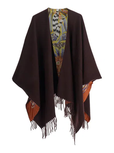 Ferragamo Women Brown Cape With Fringed Hem In Wool And Cashmere Woman In Brown