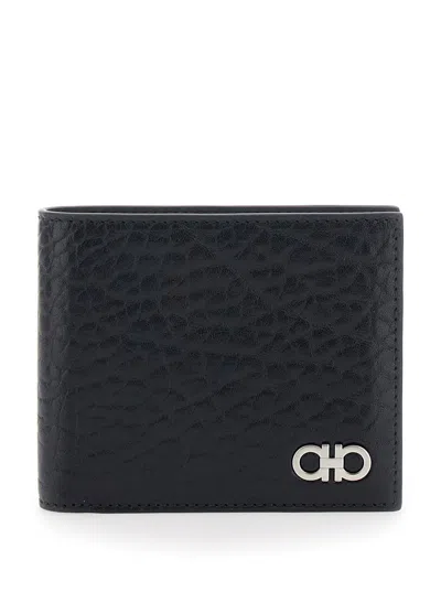 Ferragamo Revival Black Wallet With Gancini Buckle On The Front In Hammered Leather Man In Black