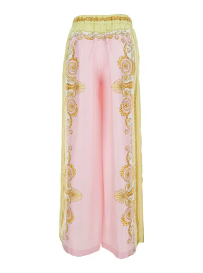 Versace Multicolor Trousers With Elastic Waist And All-over Geometric Print In Silk Woman In Multi