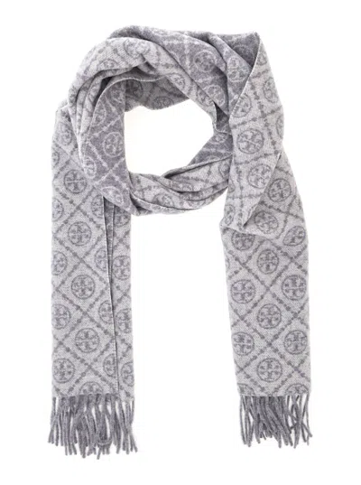 Tory Burch Grey Scarf With All-over T Motif Monogram And Fringed Edges In Wool Woman In Gray
