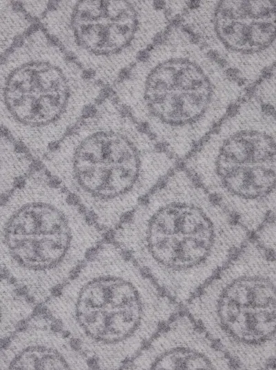 Tory Burch Grey Scarf With All-over T Motif Monogram And Fringed Edges In Wool Woman In Gray