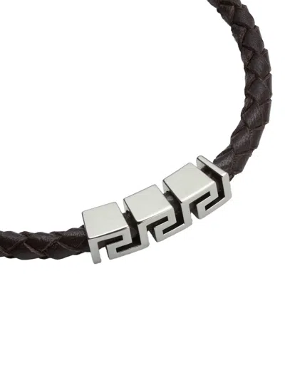 Versace Black Bracelet With Metal Plate And Pendant Detail In Leather Man In Black
