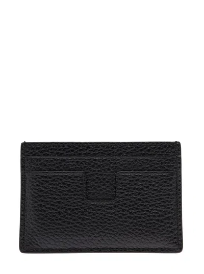 Tom Ford Black Card Holder With Embossed Logo Lettering On The Front In Grained Leather Man In Black