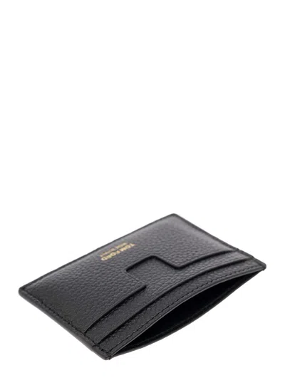 Tom Ford Black Card Holder With Embossed Logo Lettering On The Front In Grained Leather Man In Black