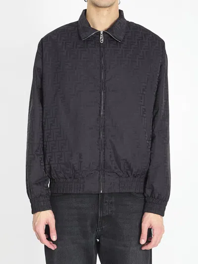 Fendi Men Black Jacket With High Neck And All-over Ff Motif In Tech Fabric Man