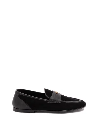 Dolce & Gabbana Ariosto Black Loafers With Metallic Dg Logo Plate On The Front In Leather And Suede Man In Black