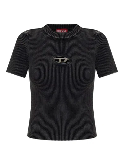 Diesel Short Sleeve Ribbed Crew Neck Top In Black