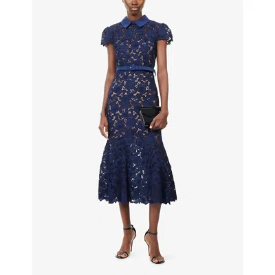 Self-portrait Womens Navy Guipure-lace Cap-sleeves Midi Dress In Blue