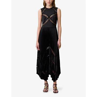 Claudie Pierlot Womens Black Pleated Open-work Satin Maxi Dress In Black