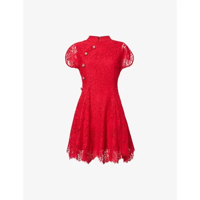 Self-portrait Womens Red Lace Cap-sleeves Cotton-blend Mini Dress In Red