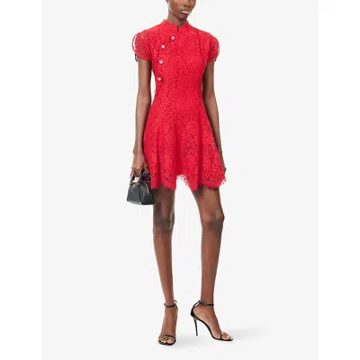 Self-portrait Womens Red Lace Cap-sleeves Cotton-blend Mini Dress In Red