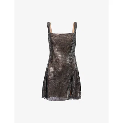 Self-portrait Gunmetal Grey Dress With Thin Straps And All-over Rhinestone Application In Tech Fabric Woman In Gray