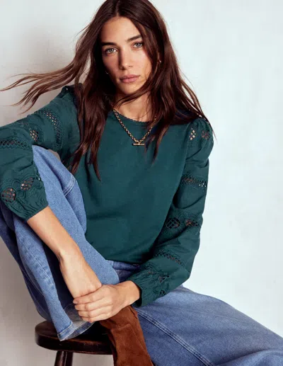 Boden Millie Lace Inset Balloon Sleeve Top In Green