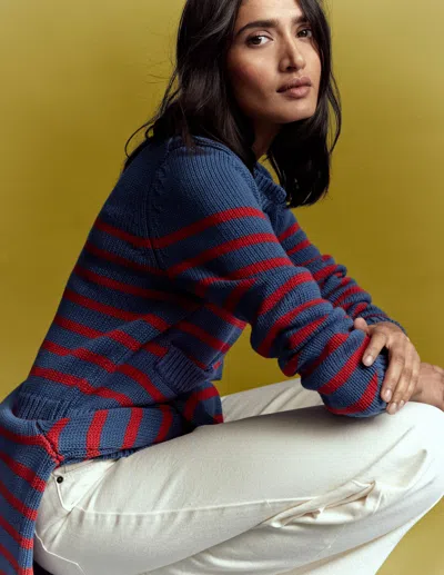 Boden Lucy Chunky Cotton Cardigan Soft Navy And Red Stripe  In Blue