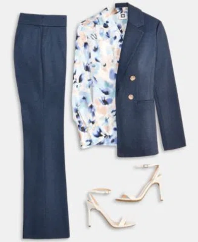 Anne Klein Womens Faux Double Breasted Notch Collar Jacket Printed V Neck Split Cuff Blouse High Rise Pull On C In Multi