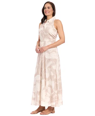 London Times Floral Side Ruched Linen Blend Midi Dress In Neutral