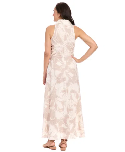 London Times Floral Side Ruched Linen Blend Midi Dress In Neutral