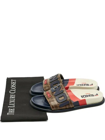 Pre-owned Fendi Mania Lettering Coated Canvas Slides 36.5 In Brown