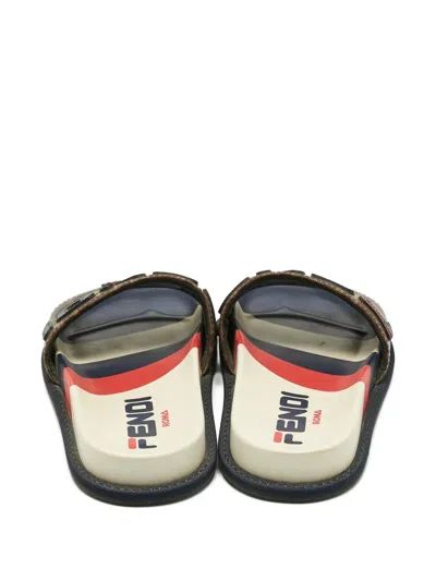 Pre-owned Fendi Mania Lettering Coated Canvas Slides 36.5 In Brown