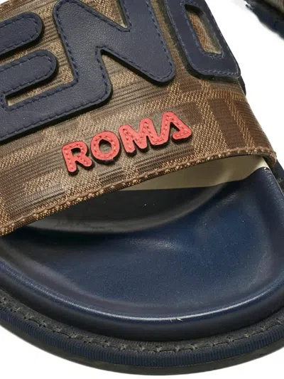 Pre-owned Fendi Mania Lettering Coated Canvas Slides 36.5 In Brown