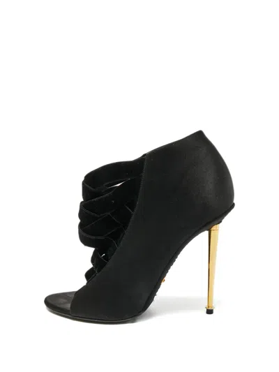 Pre-owned Tom Ford 110mm Satin Open-toe Booties In Black