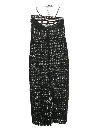 Pre-owned Rumer Ines Halterneck Midi Beach Dress In Black