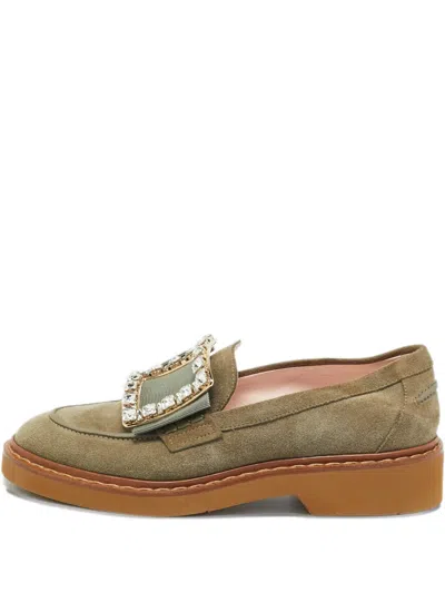 Pre-owned Roger Vivier Vintage Viv Rangers Suede Buckle Loafers In Green