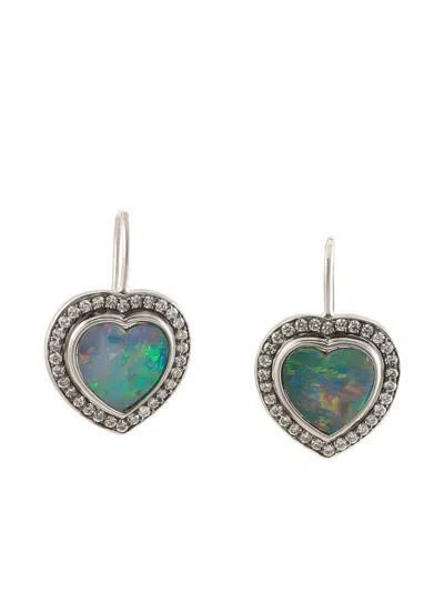 Sylva & Cie Heart Opal And Diamond Earrings In Silver