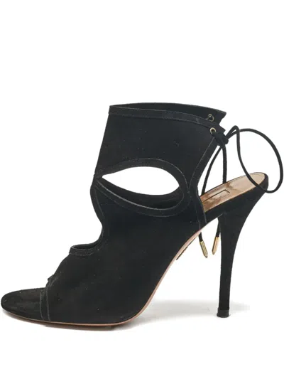Pre-owned Aquazzura Cut-out Suede Sandals 37.5 In Black