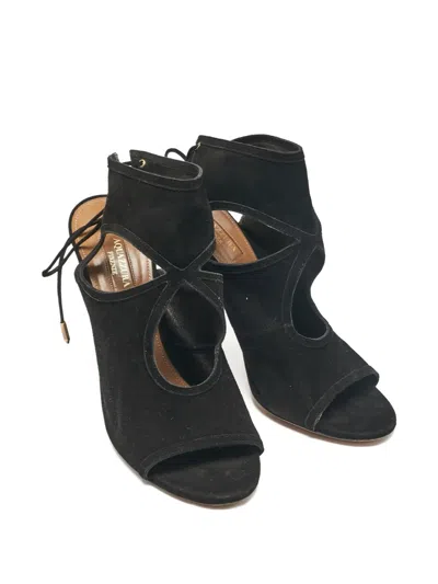 Pre-owned Aquazzura Cut-out Suede Sandals 37.5 In Black