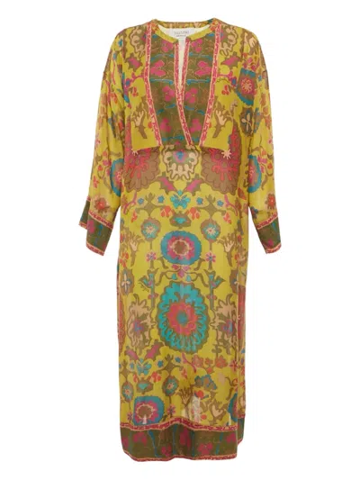 Pre-owned Valentino V-neck Printed Midi Dress In Yellow