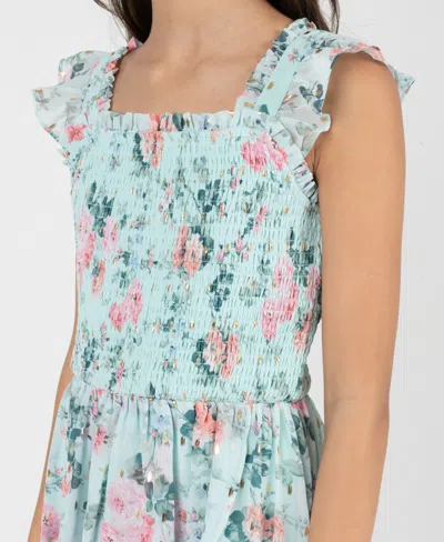 Rare Editions Girls 7-16 Floral Lurex Chiffon Smocked Dress In Blue