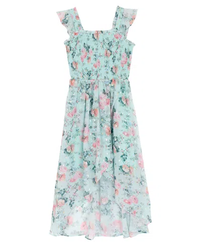 Rare Editions Girls 7-16 Floral Lurex Chiffon Smocked Dress In Blue