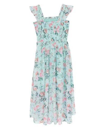 Rare Editions Girls 7-16 Floral Lurex Chiffon Smocked Dress In Blue