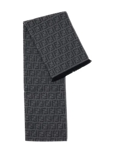 Fendi Monogram Pattern Rectangular Scarf Fringed Edges In Black