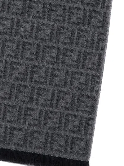 Fendi Monogram Pattern Rectangular Scarf Fringed Edges In Black