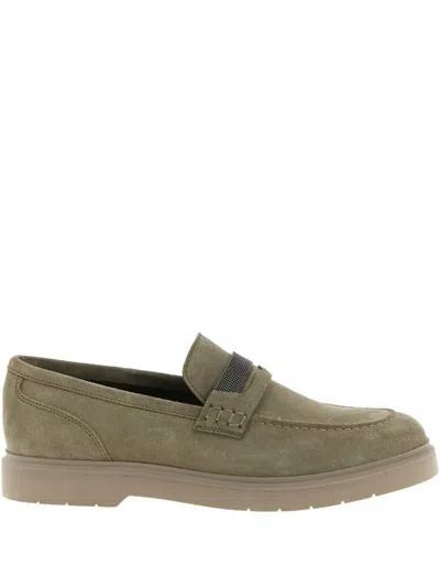 Brunello Cucinelli Monile Suede Loafers Rubber Sole Stitching In Green
