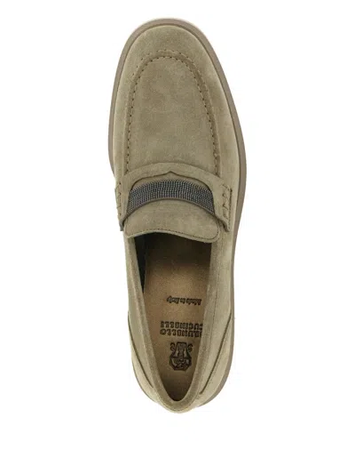 Brunello Cucinelli Monile Suede Loafers Rubber Sole Stitching In Green
