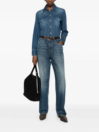 Apc Long-sleeved Denim Shirt In Blue