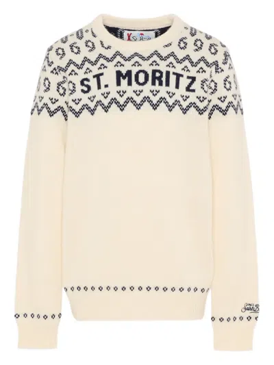 Mc2 Saint Barth Ivory Sweater For Boy With Jacquard Pattern In Neutral