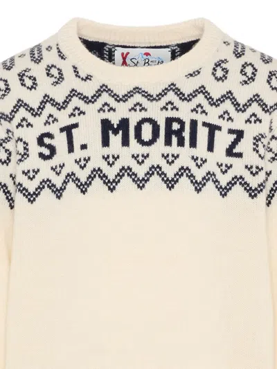 Mc2 Saint Barth Ivory Sweater For Boy With Jacquard Pattern In Neutral