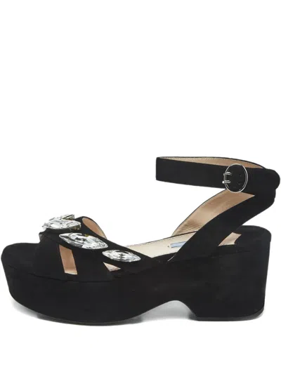 Pre-owned Prada Crystal-embellished Suede Platform Sandals In Black