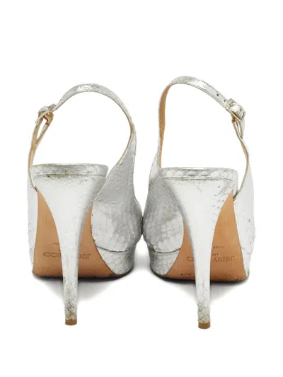 Pre-owned Jimmy Choo Nova Python-embossed Leather Slingback Heels In Silver