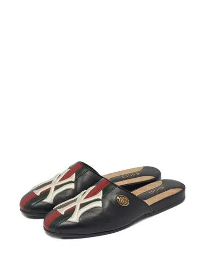 Pre-owned Gucci X Ny Yankees Embroidered-logo Mules In Black