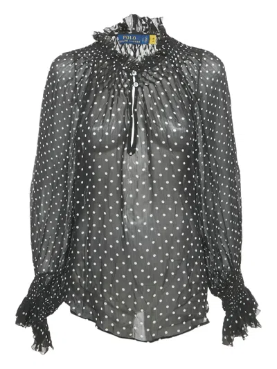Pre-owned Polo Ralph Lauren Vintage Polka Dot Georgette Blouse In Black