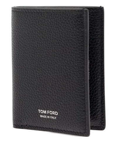 Tom Ford Black Card Holder With Embossed Logo Lettering On The Front In Grained Leather Man In Black