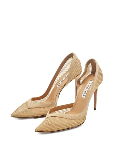Pre-owned Aquazzura Kaz D'orsay Mesh Pointed-toe Pumps In Neutral